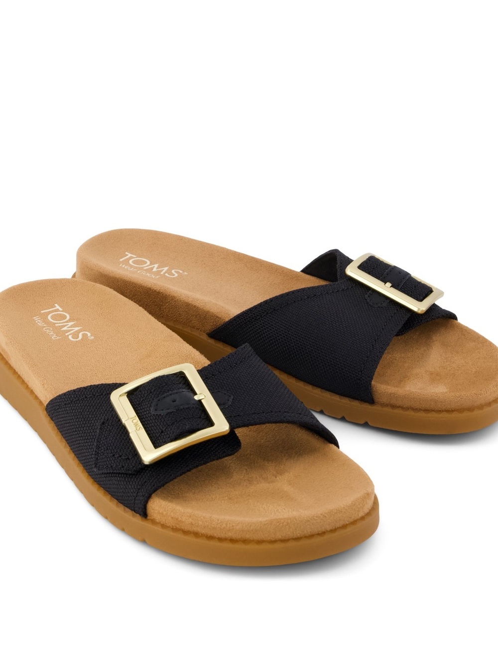 TOMS Black Slide Sandals with Gold Buckle